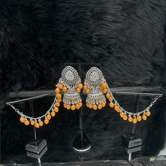 Silver With Peach Pearls Oxidized Jhumkas With Side layers. - Picture 6 of 6